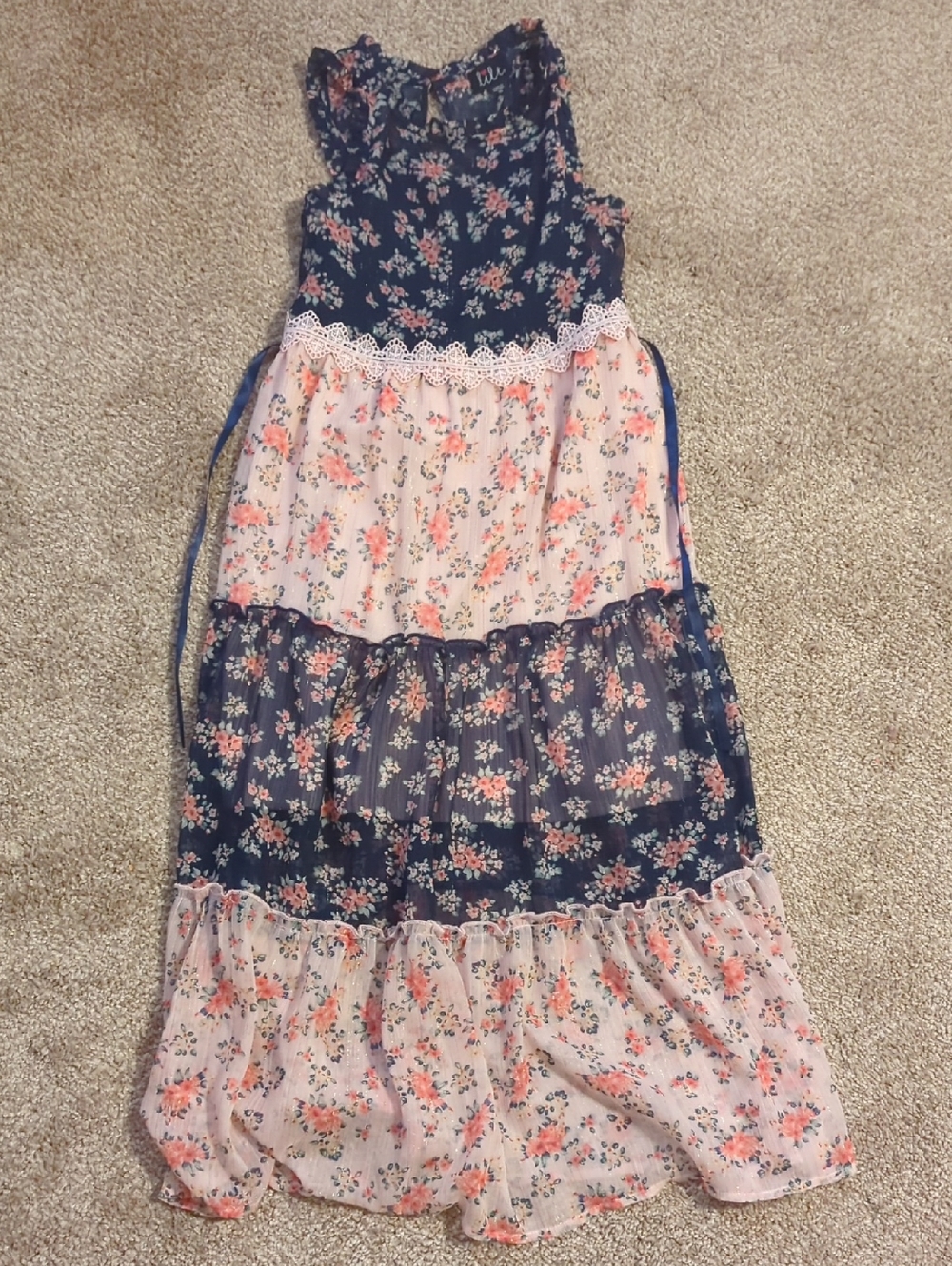 Floral Tiered Girls Dress with Lace Trim - Navy & Blush